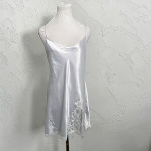 Vintage White Satin Slip Dress Lace Trim Bias Cut Bridal Lingerie XL